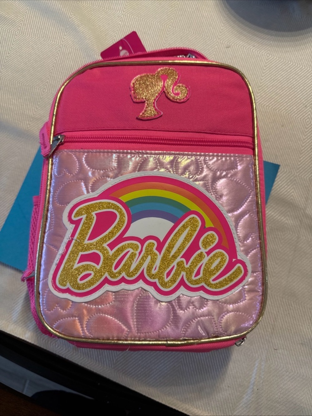 Barbie Hot Pink and Gold Glitter Rainbow Lunch Tote